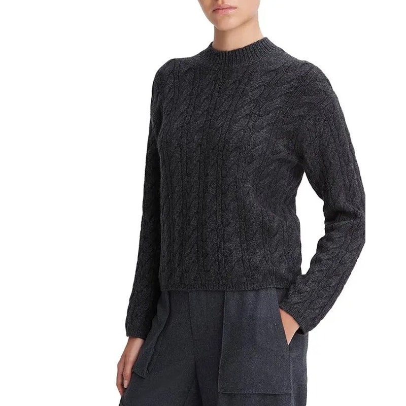 Vince Twist Cable Cropped Crewneck Sweater S Small Grey Gray